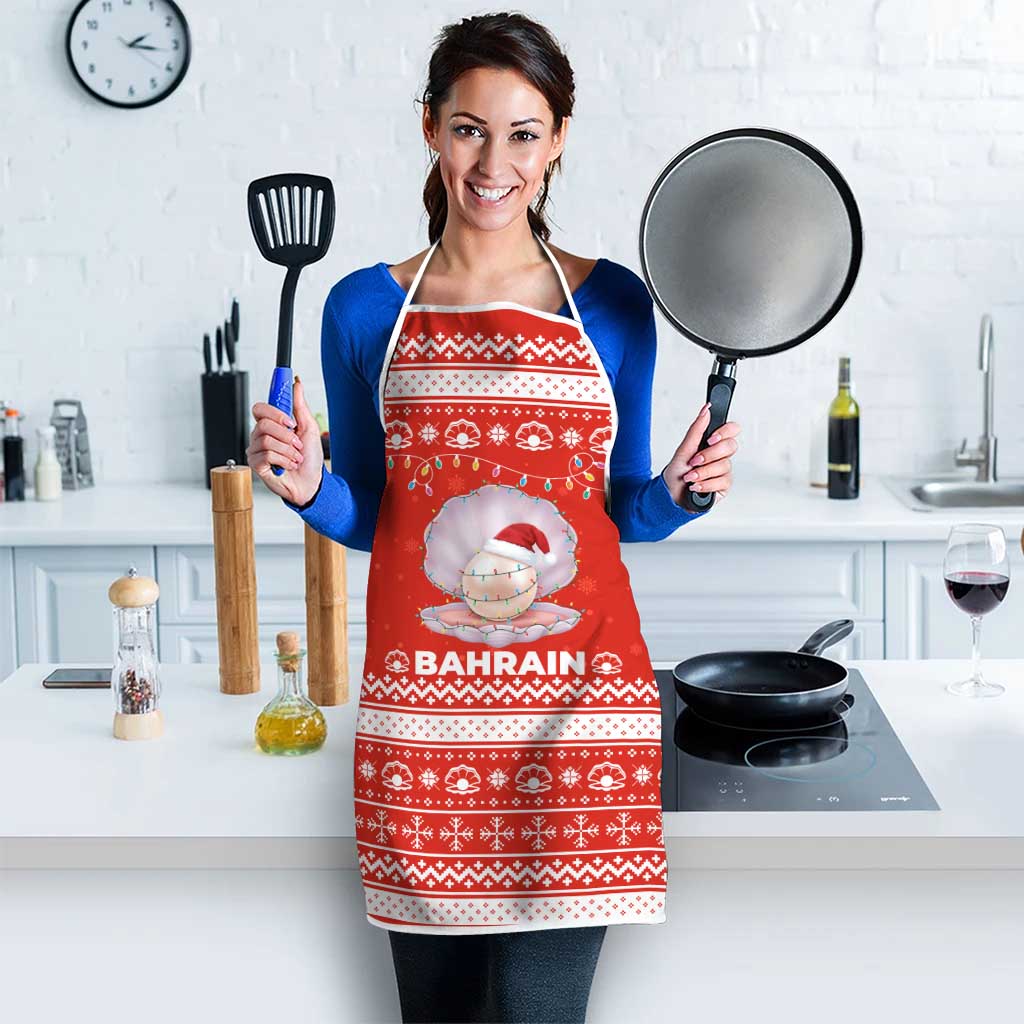 Bahrain Christmas Apron with Pearl Shell Design Red Snowflake Pattern and Holiday Lights - Wonder Print Shop