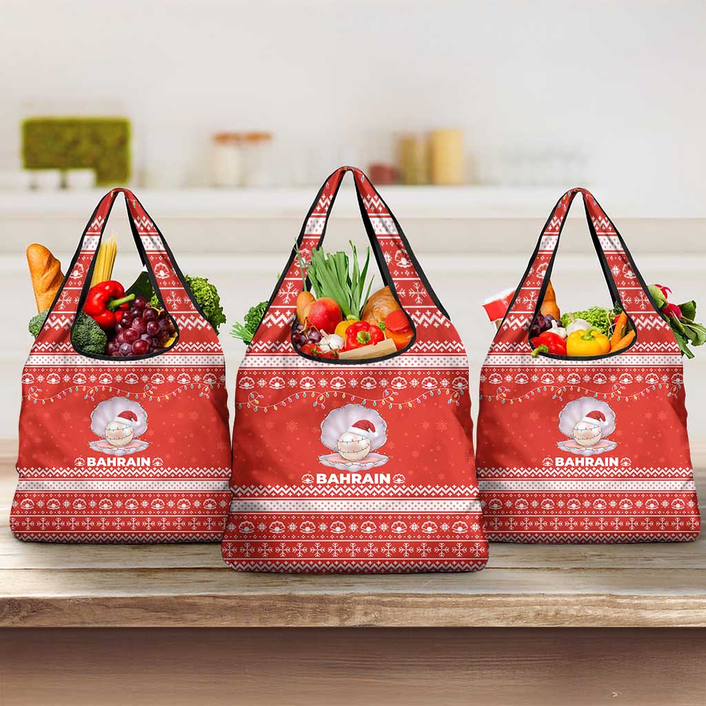 Bahrain Christmas Grocery Bag with Pearl Shell Design Red Snowflake Pattern and Holiday Lights - Wonder Print Shop