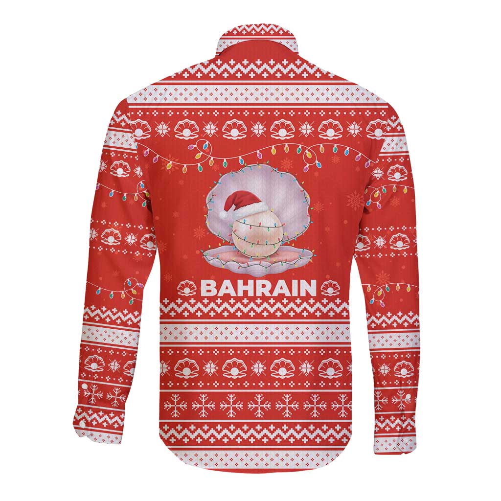 Bahrain Christmas Long Sleeve Button Shirt with Pearl Shell Design Red Snowflake Pattern and Holiday Lights - Wonder Print Shop