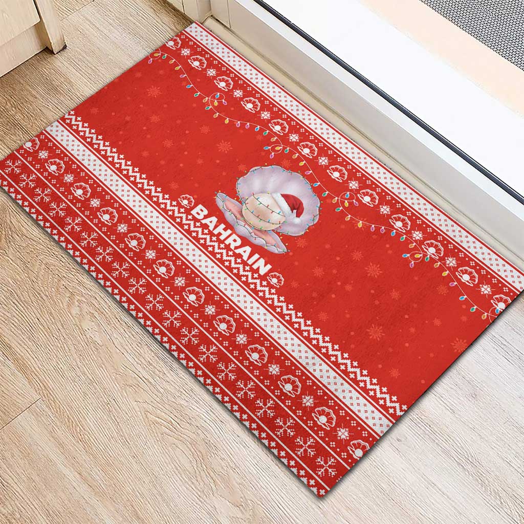 Bahrain Christmas Rubber Doormat with Pearl Shell Design Red Snowflake Pattern and Holiday Lights - Wonder Print Shop