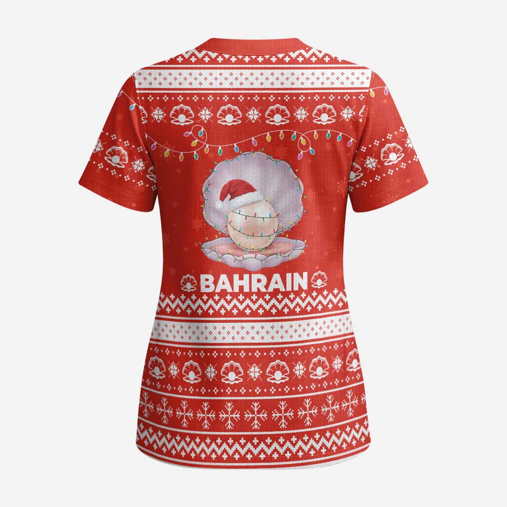 Bahrain Christmas Scrub Top with Pearl Shell Design Red Snowflake Pattern and Holiday Lights - Wonder Print Shop
