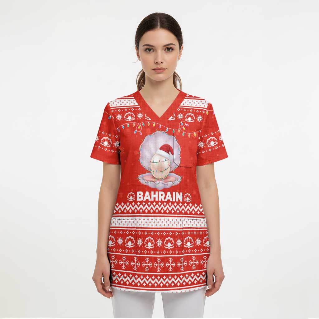 Bahrain Christmas Scrub Top with Pearl Shell Design Red Snowflake Pattern and Holiday Lights - Wonder Print Shop