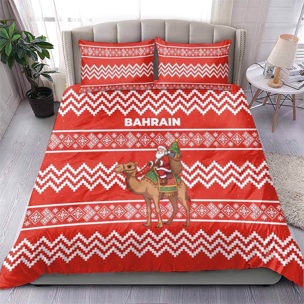 Bahrain Christmas Bedding Set with Santa Riding Camel Red Geometric Pattern and Festive Design - Wonder Print Shop