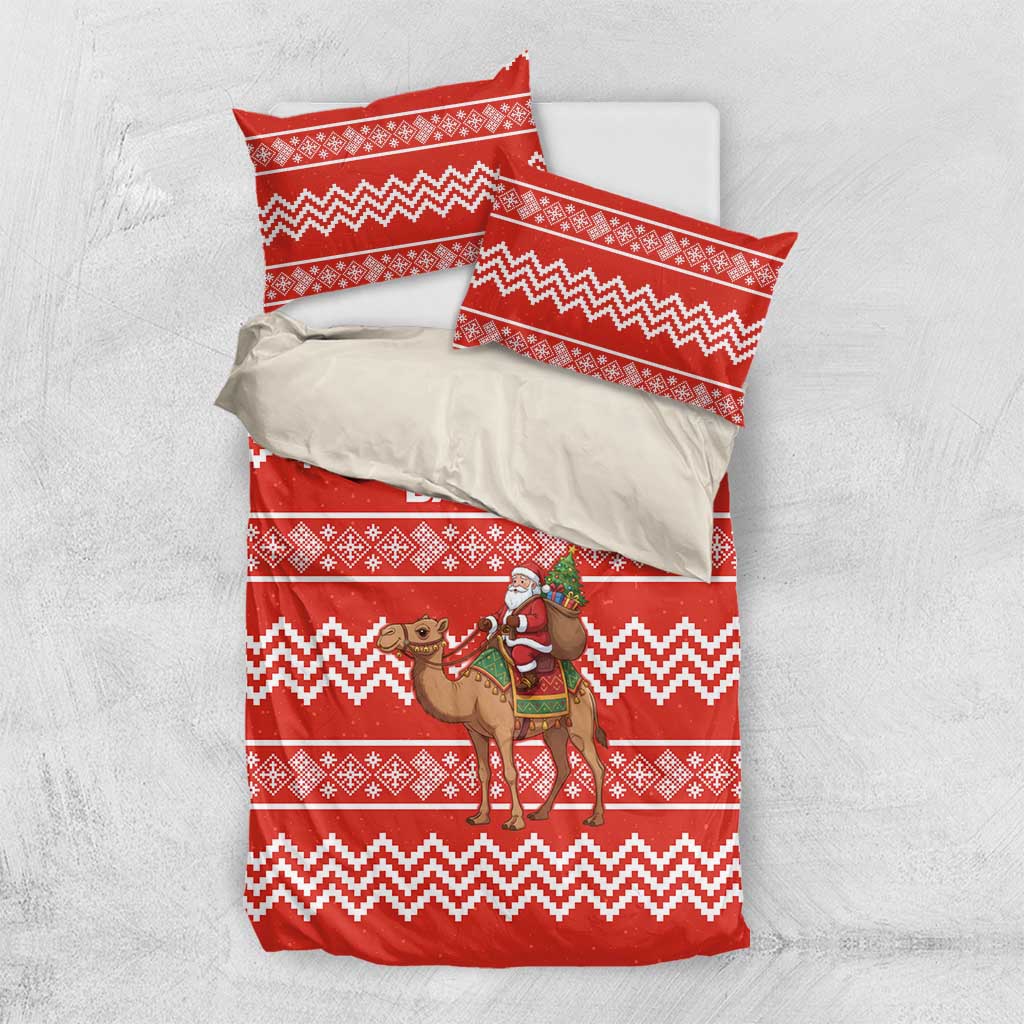 Bahrain Christmas Bedding Set with Santa Riding Camel Red Geometric Pattern and Festive Design - Wonder Print Shop