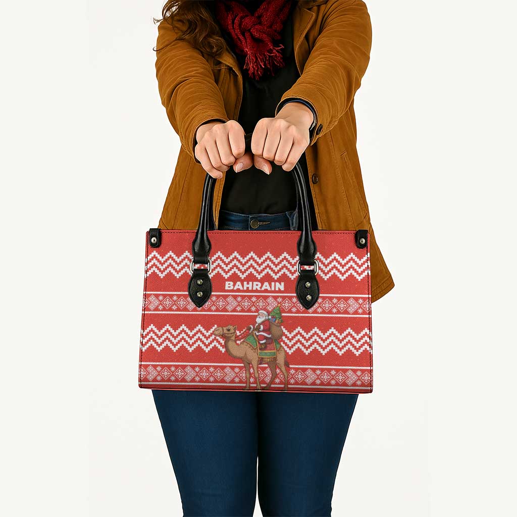 Bahrain Christmas Leather Bag with Santa Riding Camel Red Geometric Pattern and Festive Design - Wonder Print Shop