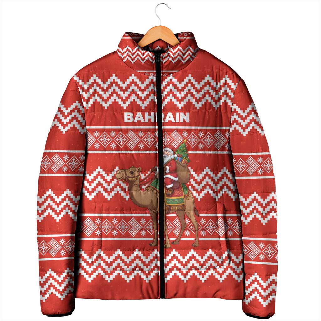 Bahrain Christmas Padded Jacket with Santa Riding Camel Red Geometric Pattern and Festive Design - Wonder Print Shop