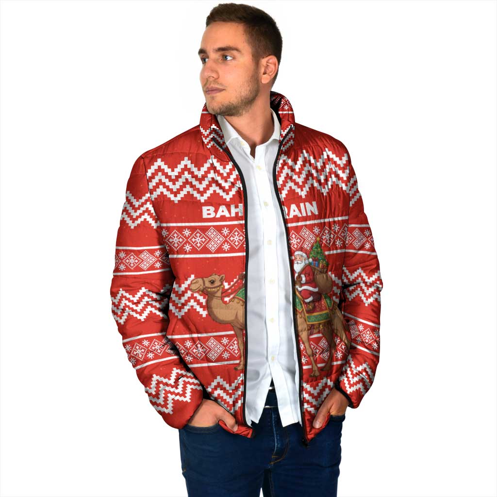 Bahrain Christmas Padded Jacket with Santa Riding Camel Red Geometric Pattern and Festive Design - Wonder Print Shop