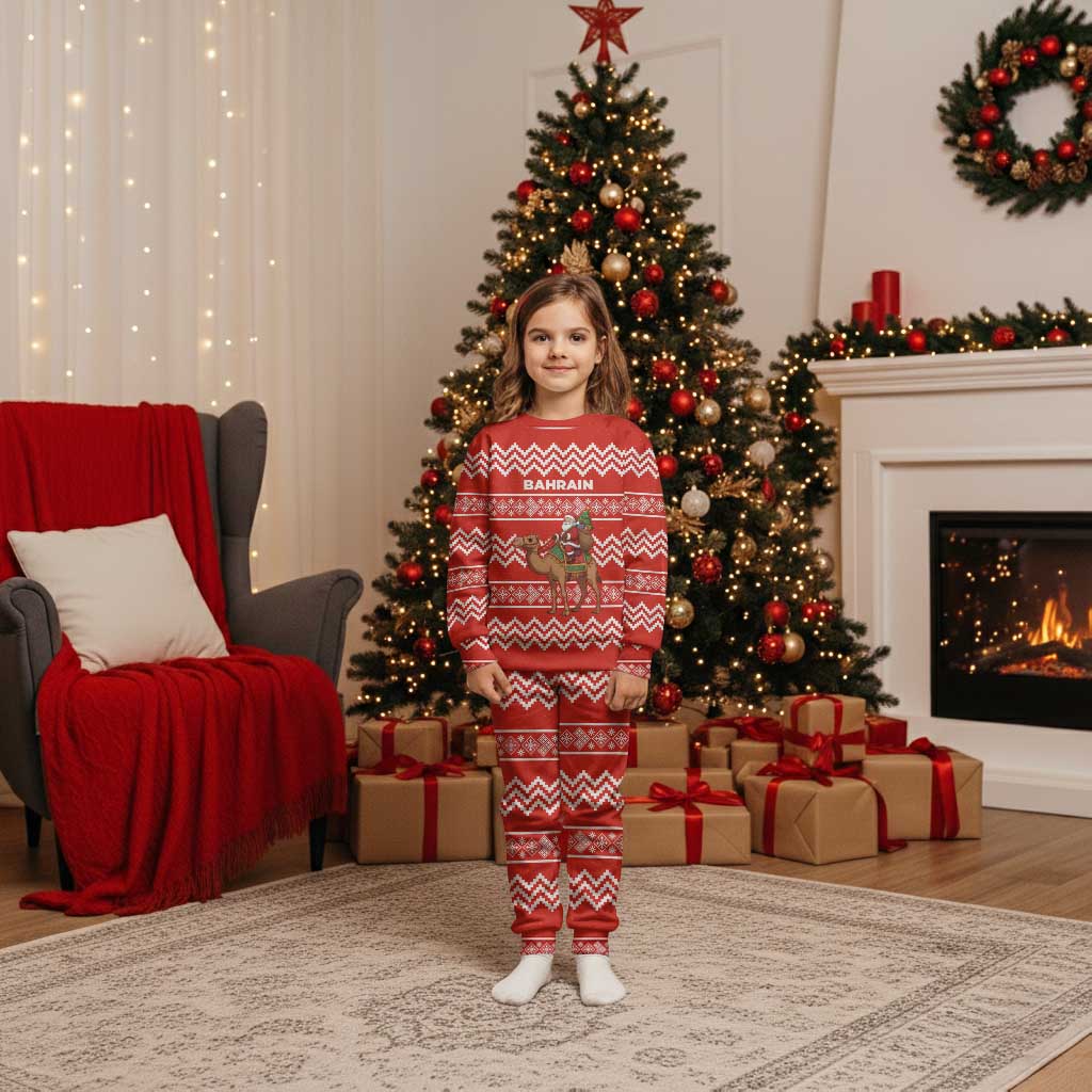 Bahrain Christmas Pajama Set with Santa Riding Camel Red Geometric Pattern and Festive Design - Wonder Print Shop