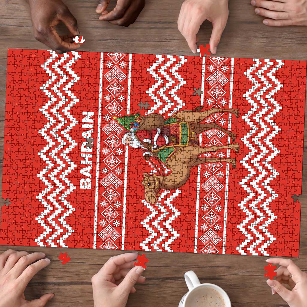 Bahrain Christmas Puzzle with Santa Riding Camel Red Geometric Pattern and Festive Design - Wonder Print Shop