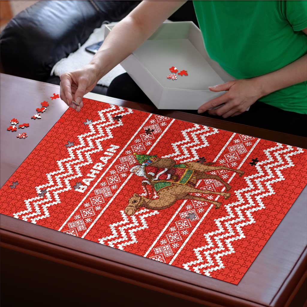 Bahrain Christmas Puzzle with Santa Riding Camel Red Geometric Pattern and Festive Design - Wonder Print Shop