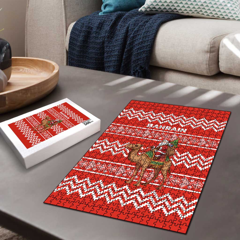 Bahrain Christmas Puzzle with Santa Riding Camel Red Geometric Pattern and Festive Design - Wonder Print Shop