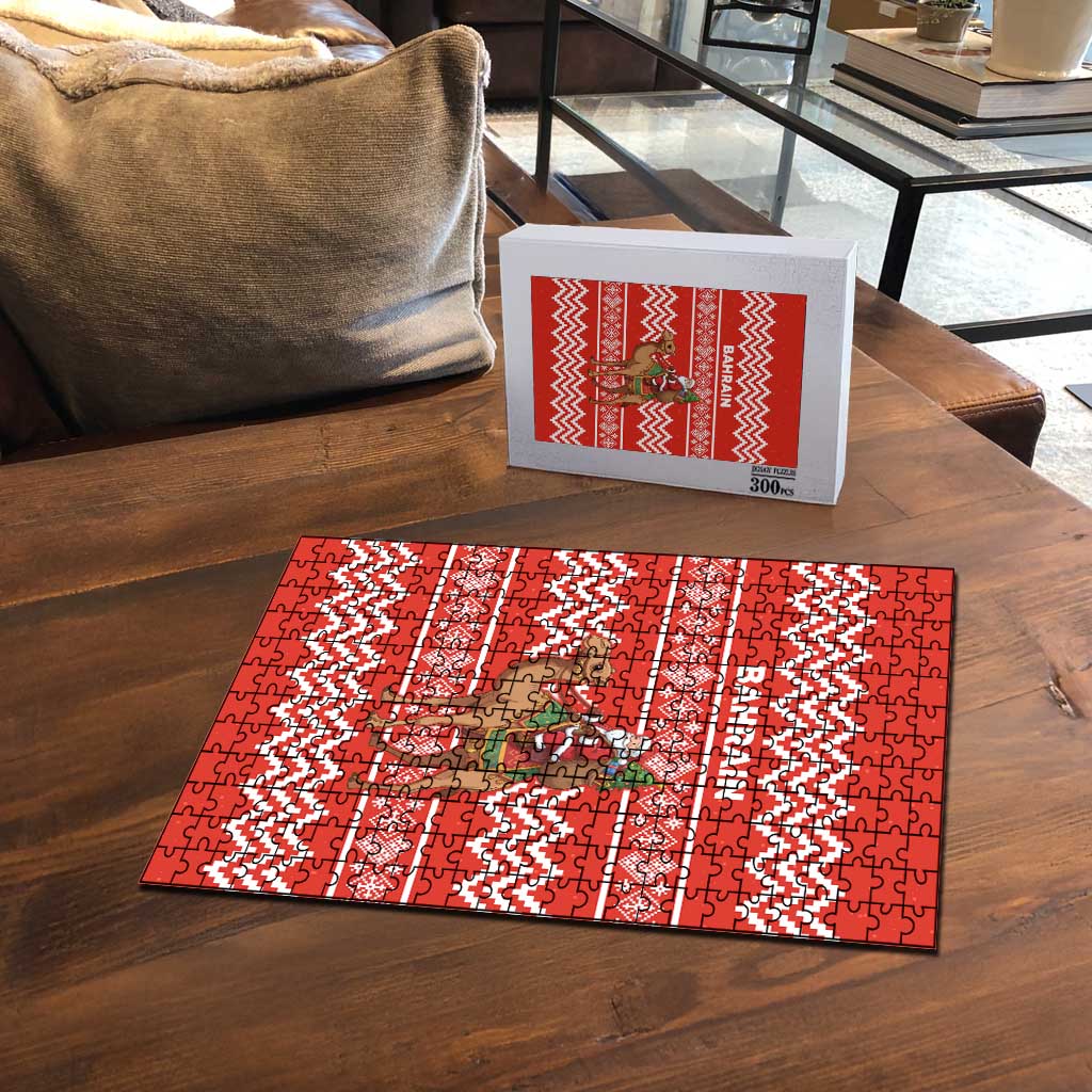 Bahrain Christmas Puzzle with Santa Riding Camel Red Geometric Pattern and Festive Design - Wonder Print Shop