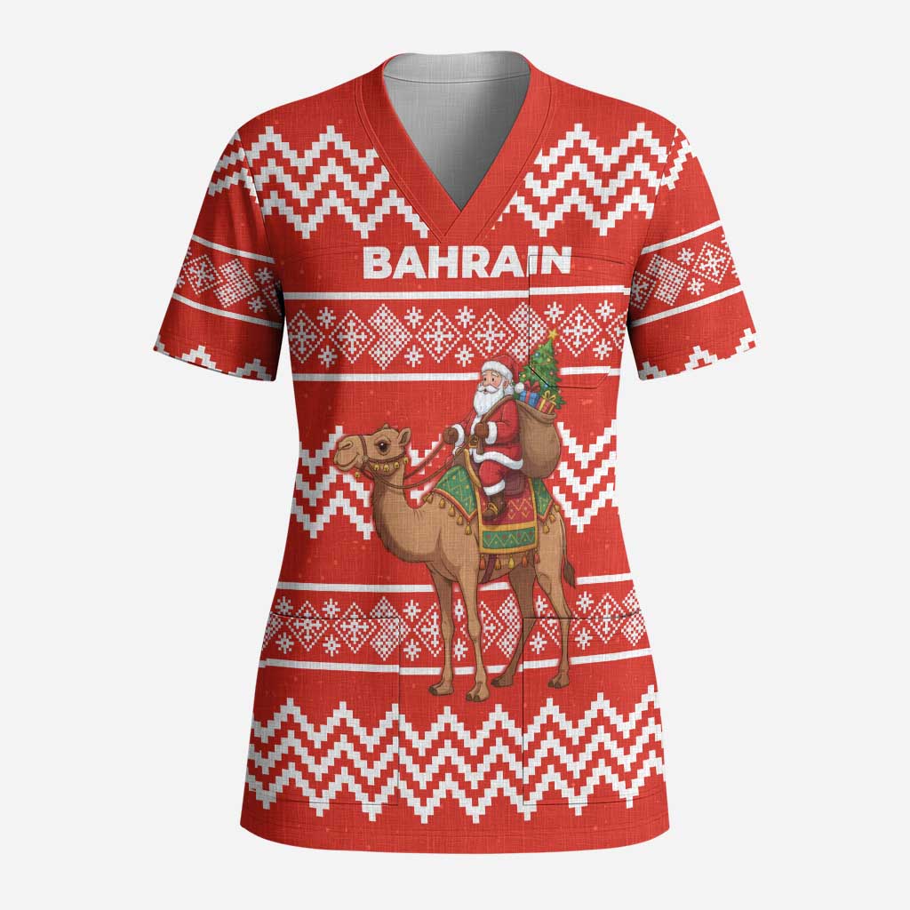 Bahrain Christmas Scrub Top with Santa Riding Camel Red Geometric Pattern and Festive Design - Wonder Print Shop