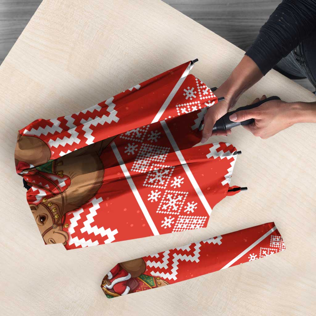Bahrain Christmas Umbrella with Santa Riding Camel Red Geometric Pattern and Festive Design - Wonder Print Shop