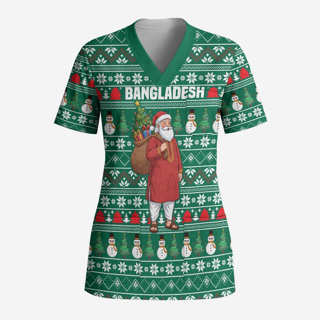 Bangladesh Christmas Scrub Top with Santa Claus in Traditional Outfit Snowman and Tree Pattern - Wonder Print Shop