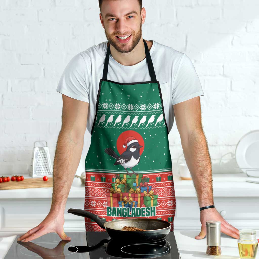 Bangladesh Christmas Apron with Black-Capped Bird Gift Stack and Green Red Snowflake Pattern - Wonder Print Shop