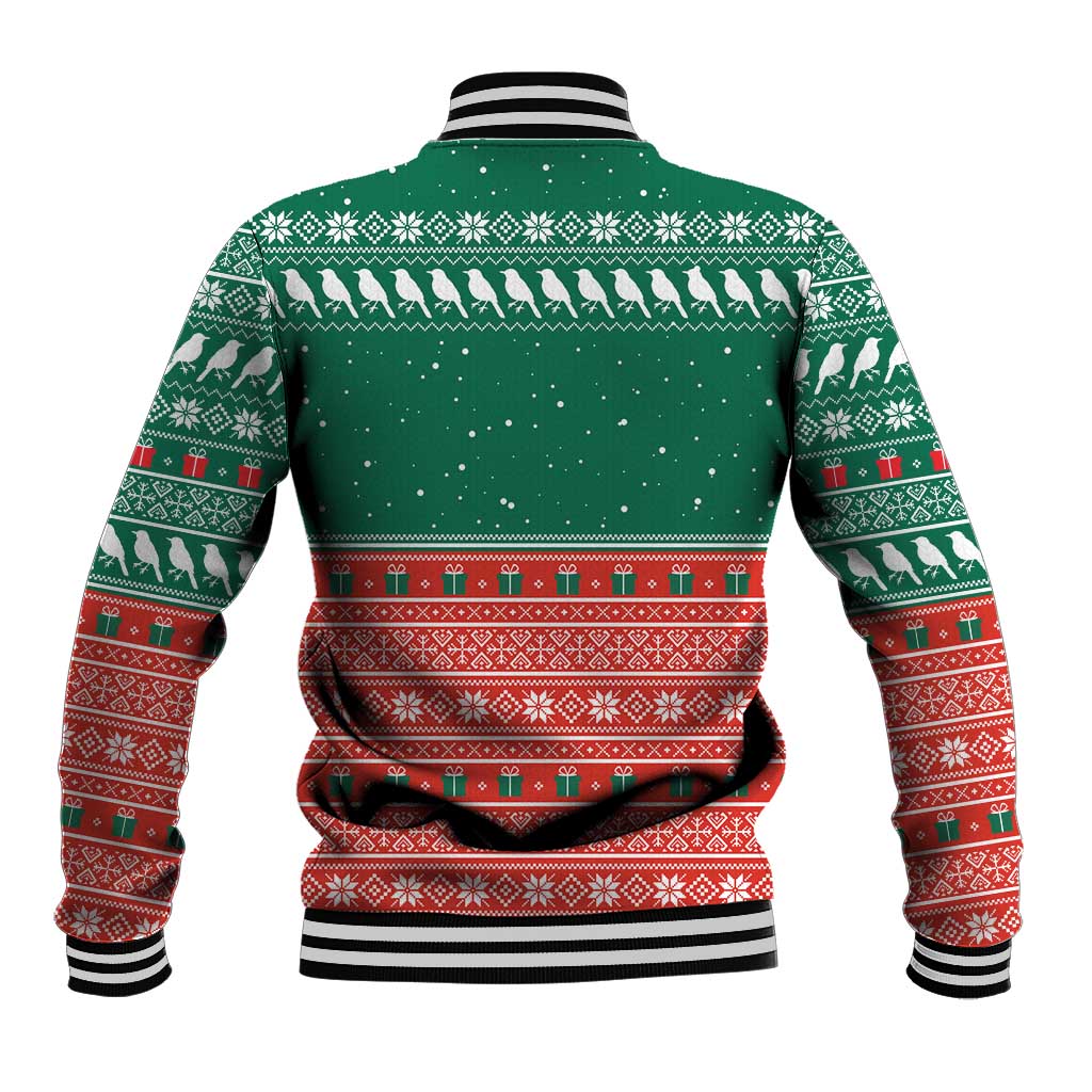 Bangladesh Christmas Baseball Jacket with Black-Capped Bird Gift Stack and Green Red Snowflake Pattern - Wonder Print Shop