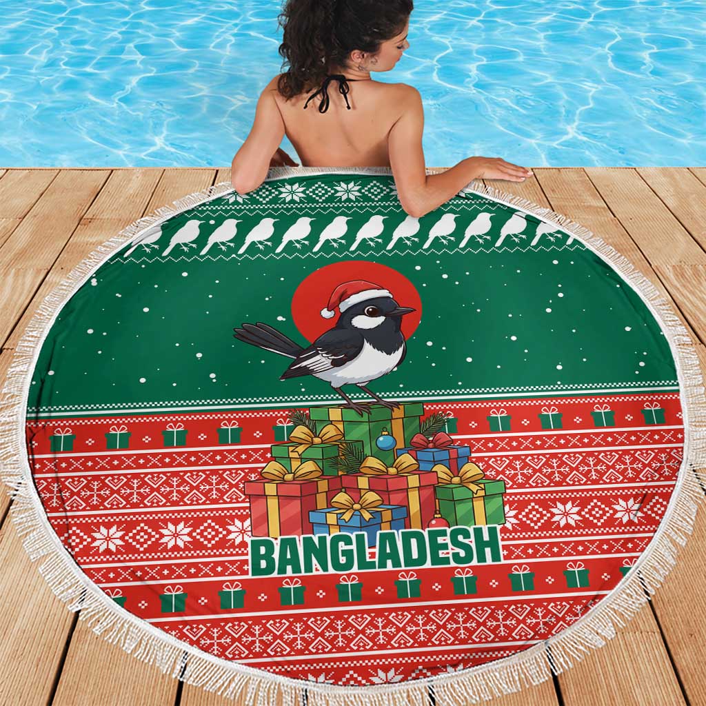 Bangladesh Christmas Beach Blanket with Black-Capped Bird Gift Stack and Green Red Snowflake Pattern - Wonder Print Shop