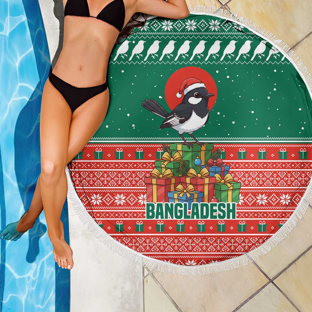 Bangladesh Christmas Beach Blanket with Black-Capped Bird Gift Stack and Green Red Snowflake Pattern - Wonder Print Shop