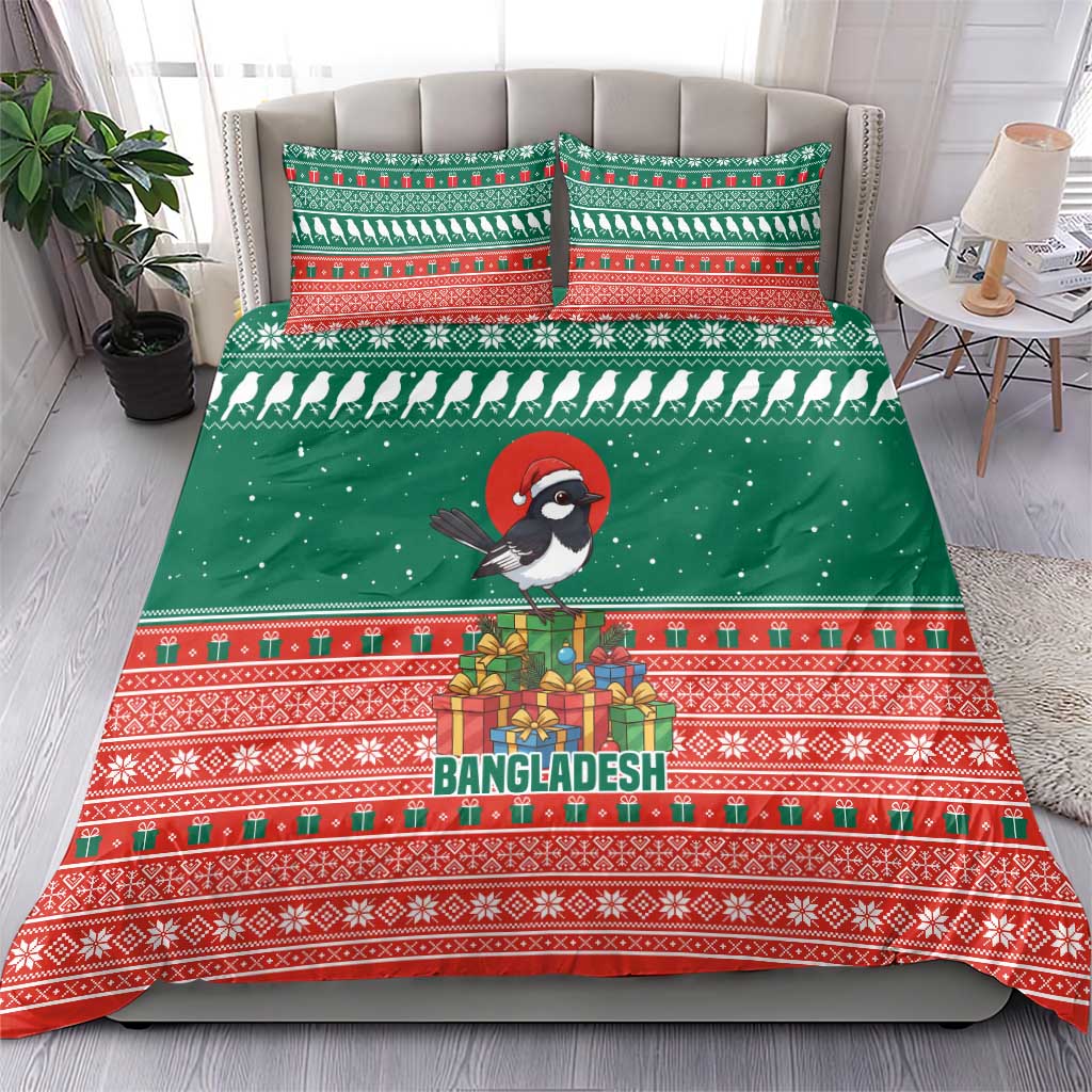 Bangladesh Christmas Bedding Set with Black-Capped Bird Gift Stack and Green Red Snowflake Pattern - Wonder Print Shop
