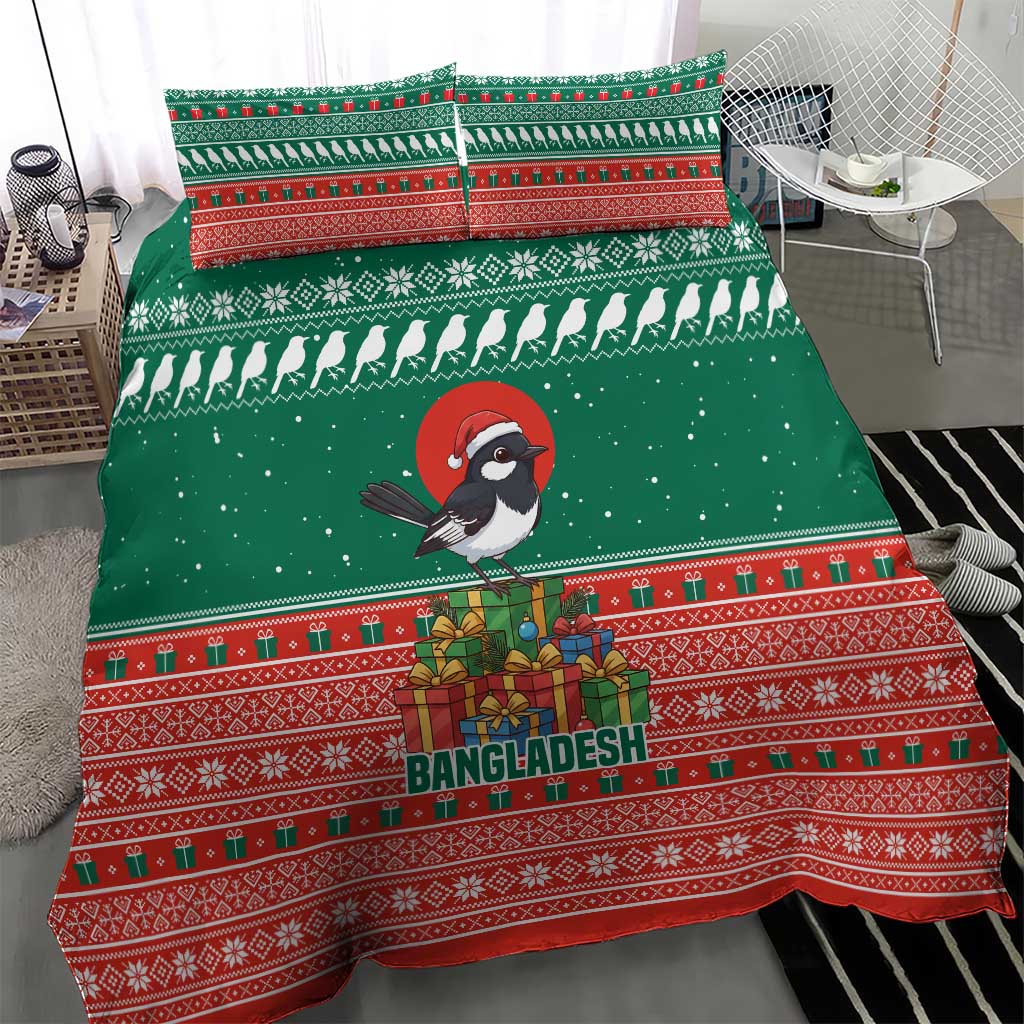 Bangladesh Christmas Bedding Set with Black-Capped Bird Gift Stack and Green Red Snowflake Pattern - Wonder Print Shop