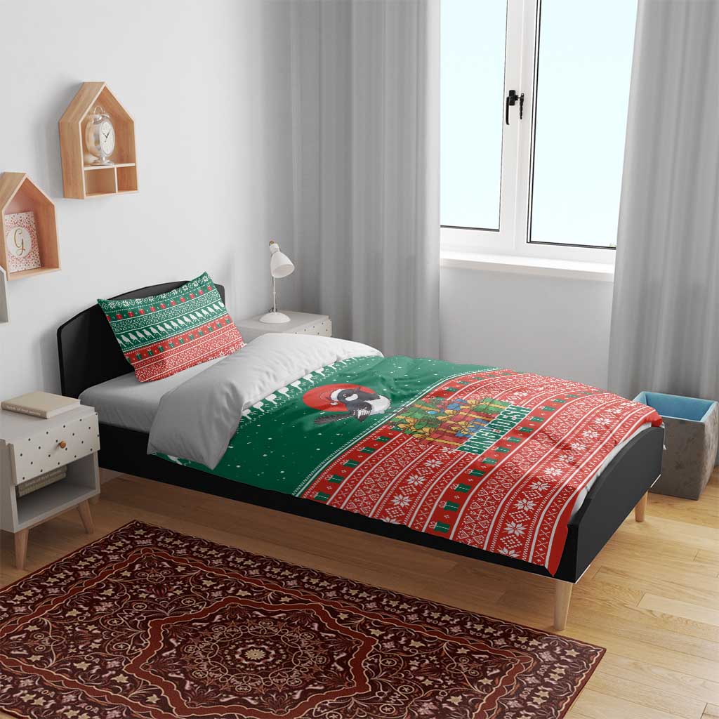 Bangladesh Christmas Bedding Set with Black-Capped Bird Gift Stack and Green Red Snowflake Pattern - Wonder Print Shop