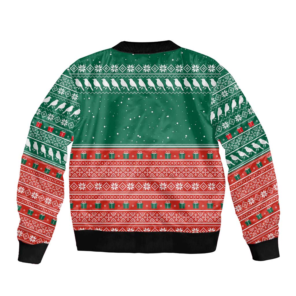 Bangladesh Christmas Bomber Jacket with Black-Capped Bird Gift Stack and Green Red Snowflake Pattern - Wonder Print Shop