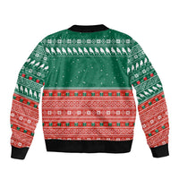 Bangladesh Christmas Bomber Jacket with Black-Capped Bird Gift Stack and Green Red Snowflake Pattern - Wonder Print Shop