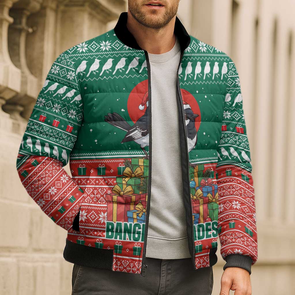 Bangladesh Christmas Bomber Puffer Jacket with Black-Capped Bird Gift Stack and Green Red Snowflake Pattern - Wonder Print Shop