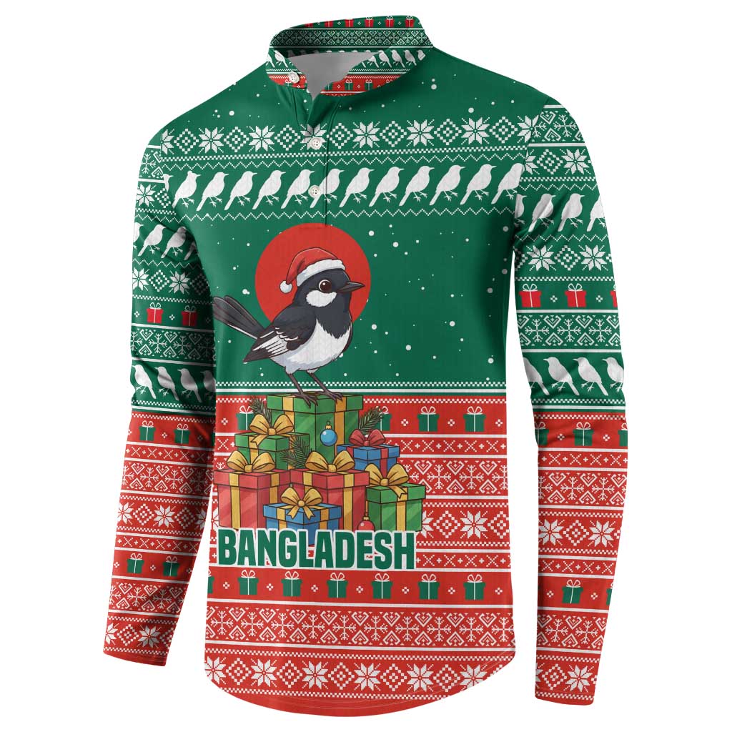 Bangladesh Christmas Button Sweatshirt with Black-Capped Bird Gift Stack and Green Red Snowflake Pattern - Wonder Print Shop