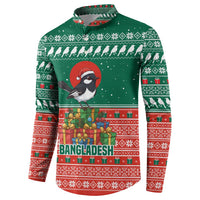 Bangladesh Christmas Button Sweatshirt with Black-Capped Bird Gift Stack and Green Red Snowflake Pattern - Wonder Print Shop