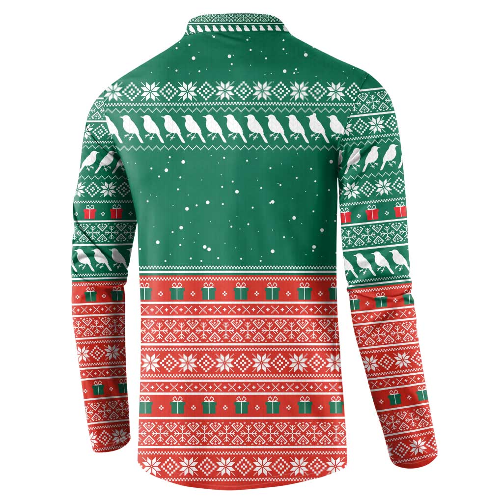 Bangladesh Christmas Button Sweatshirt with Black-Capped Bird Gift Stack and Green Red Snowflake Pattern - Wonder Print Shop