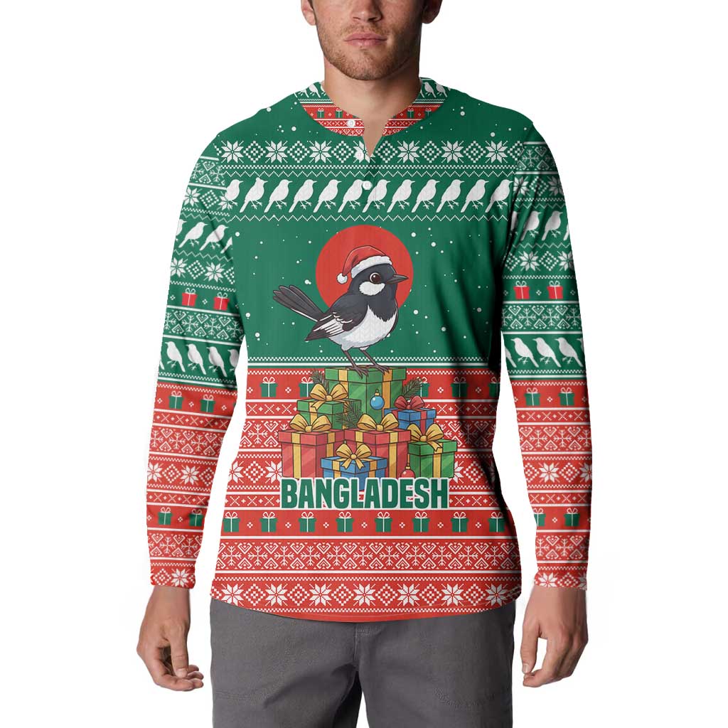 Bangladesh Christmas Button Sweatshirt with Black-Capped Bird Gift Stack and Green Red Snowflake Pattern - Wonder Print Shop