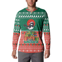 Bangladesh Christmas Button Sweatshirt with Black-Capped Bird Gift Stack and Green Red Snowflake Pattern - Wonder Print Shop
