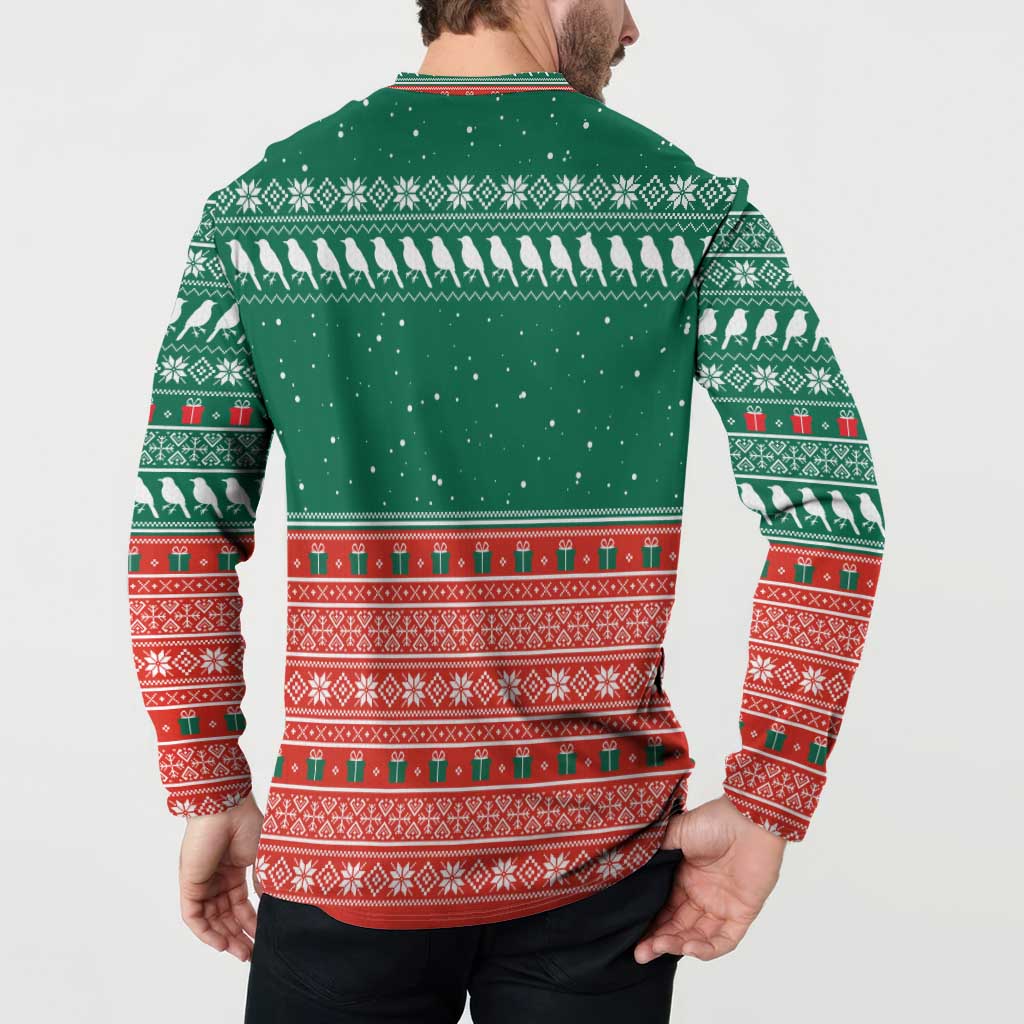 Bangladesh Christmas Button Sweatshirt with Black-Capped Bird Gift Stack and Green Red Snowflake Pattern - Wonder Print Shop