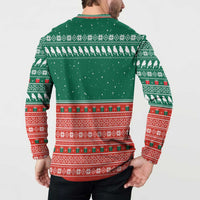 Bangladesh Christmas Button Sweatshirt with Black-Capped Bird Gift Stack and Green Red Snowflake Pattern - Wonder Print Shop