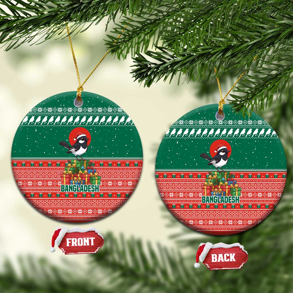 Bangladesh Christmas Ceramic Ornament with Black-Capped Bird Gift Stack and Green Red Snowflake Pattern - Wonder Print Shop