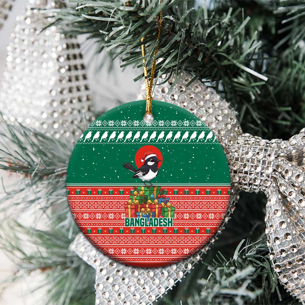 Bangladesh Christmas Ceramic Ornament with Black-Capped Bird Gift Stack and Green Red Snowflake Pattern - Wonder Print Shop