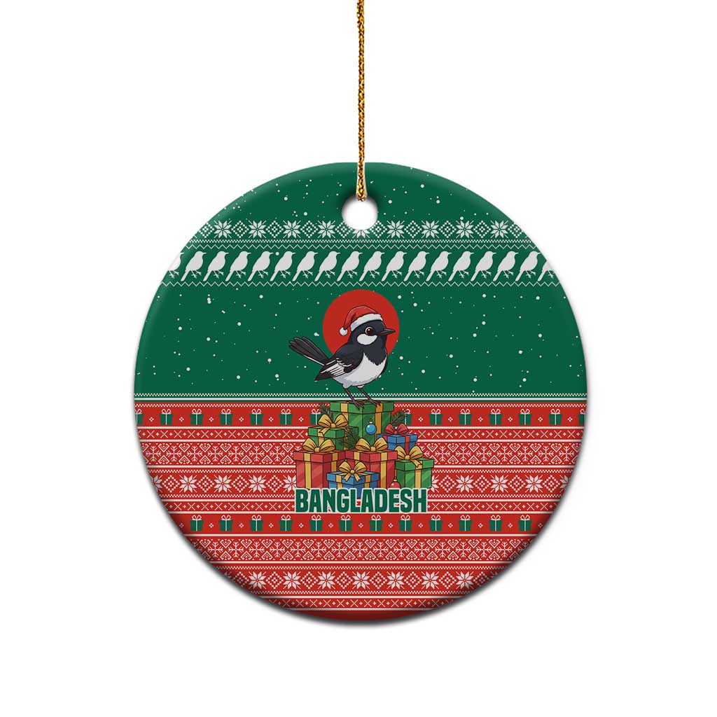 Bangladesh Christmas Ceramic Ornament with Black-Capped Bird Gift Stack and Green Red Snowflake Pattern - Wonder Print Shop