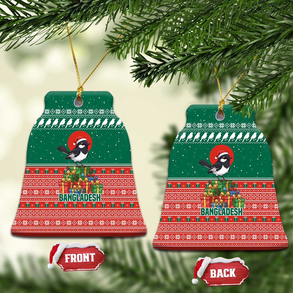 Bangladesh Christmas Ceramic Ornament with Black-Capped Bird Gift Stack and Green Red Snowflake Pattern - Wonder Print Shop