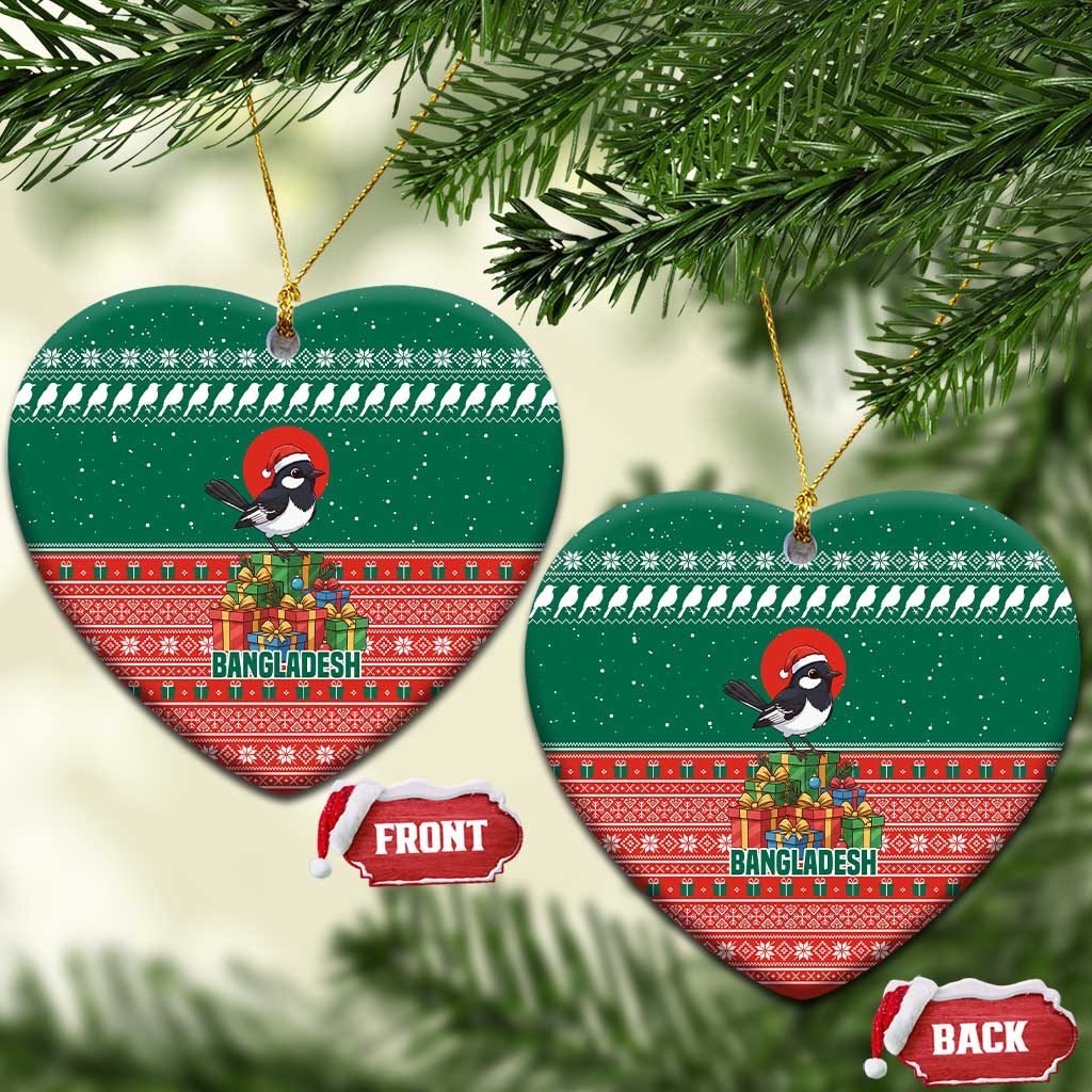 Bangladesh Christmas Ceramic Ornament with Black-Capped Bird Gift Stack and Green Red Snowflake Pattern - Wonder Print Shop