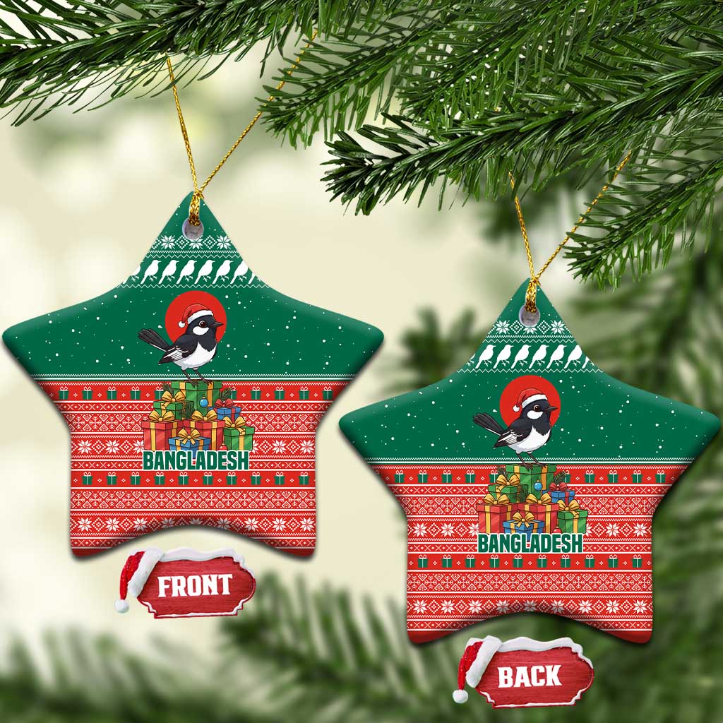 Bangladesh Christmas Ceramic Ornament with Black-Capped Bird Gift Stack and Green Red Snowflake Pattern - Wonder Print Shop