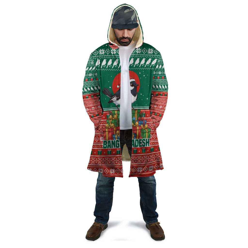 Bangladesh Christmas Cloak with Black-Capped Bird Gift Stack and Green Red Snowflake Pattern - Wonder Print Shop