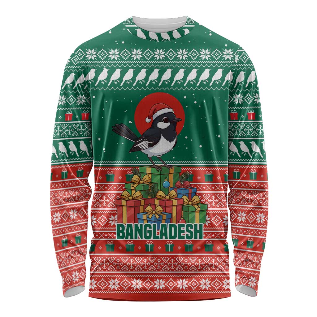 Bangladesh Christmas Long Sleeve Shirt with Black-Capped Bird Gift Stack and Green Red Snowflake Pattern - Wonder Print Shop