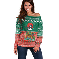 Bangladesh Christmas Off Shoulder Sweater with Black-Capped Bird Gift Stack and Green Red Snowflake Pattern - Wonder Print Shop