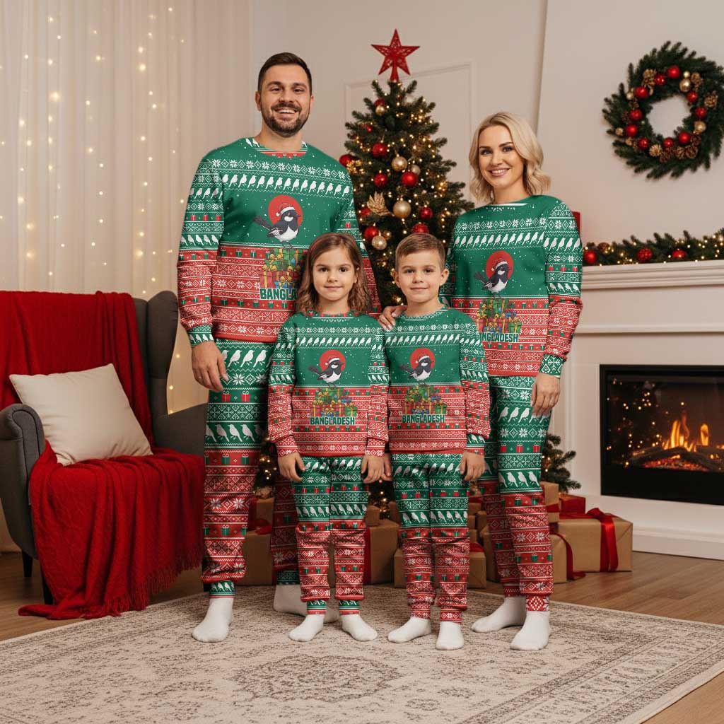 Bangladesh Christmas Pajama Set with Black-Capped Bird Gift Stack and Green Red Snowflake Pattern - Wonder Print Shop