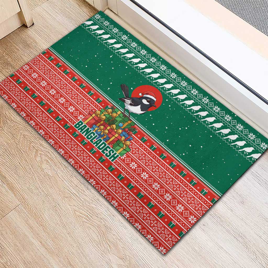 Bangladesh Christmas Rubber Doormat with Black-Capped Bird Gift Stack and Green Red Snowflake Pattern - Wonder Print Shop