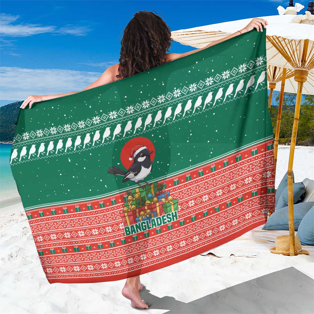 Bangladesh Christmas Sarong with Black-Capped Bird Gift Stack and Green Red Snowflake Pattern - Wonder Print Shop