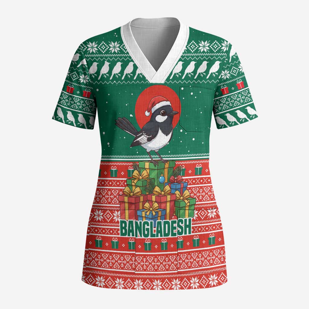 Bangladesh Christmas Scrub Top with Black-Capped Bird Gift Stack and Green Red Snowflake Pattern - Wonder Print Shop