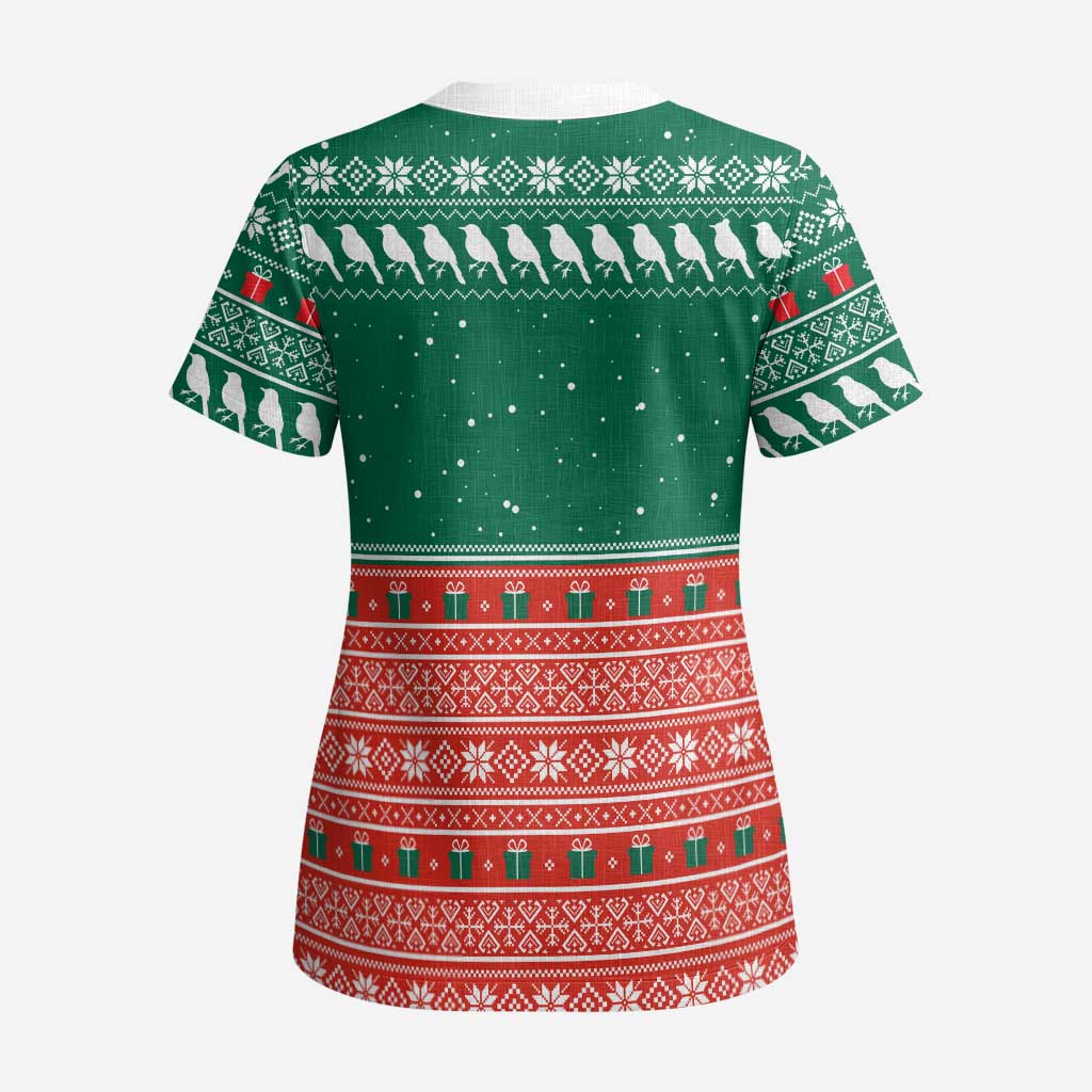 Bangladesh Christmas Scrub Top with Black-Capped Bird Gift Stack and Green Red Snowflake Pattern - Wonder Print Shop